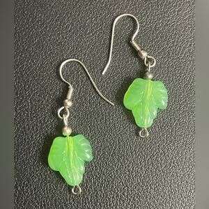 Green Leaf Earrings in Glass or Stone Silver tone Earwire 1.5" Light Dainty